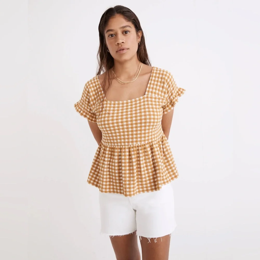 Madewell Gingham Knit Ruffle-Hem Top - Picture 1 of 7